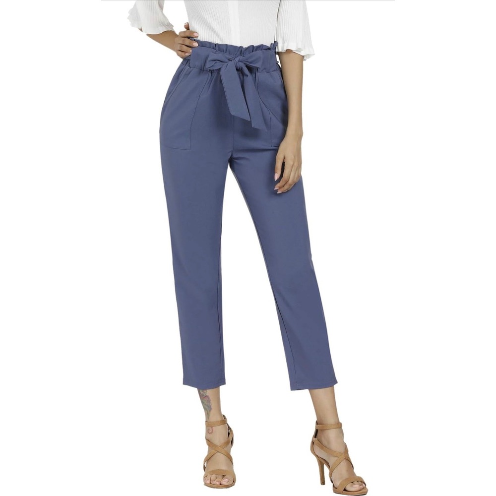Freeprance XL Slate Blue Paperbag Waist Tie Belt Pants